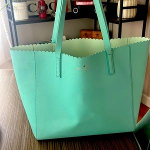 Kate Spde turquoise leather tote scalloped design fits laptop